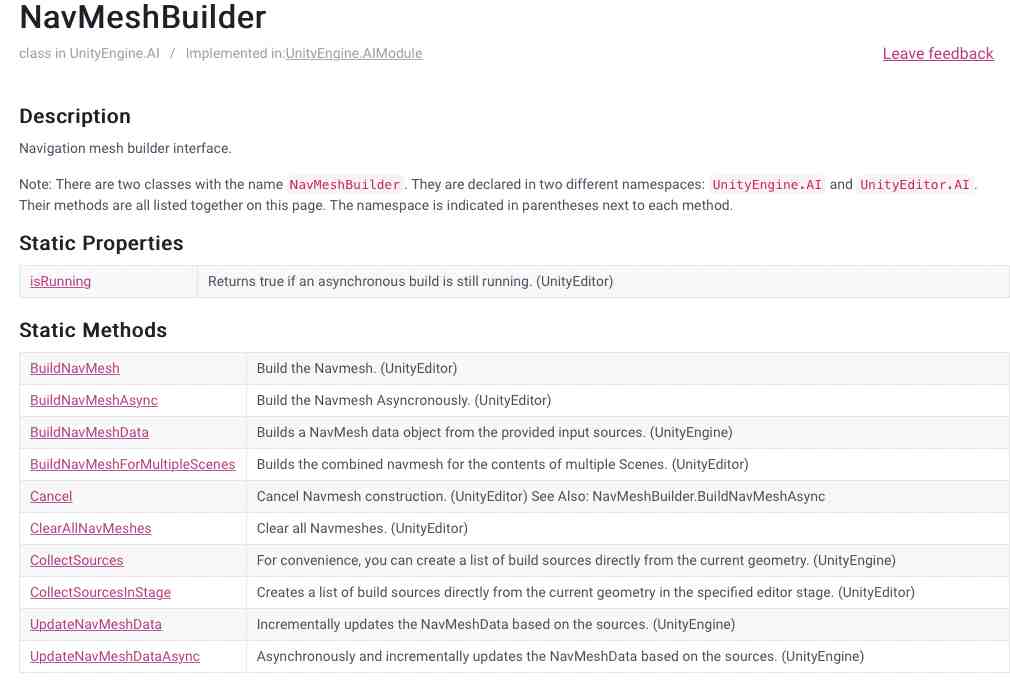 Unity Online Manual Page for NavMeshBuilder
